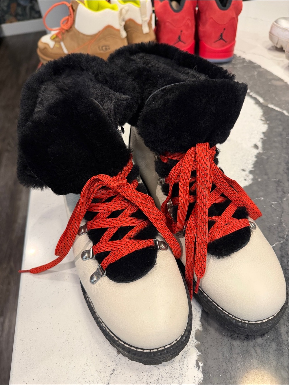 J Crew Women's Cream Winter Hiking Boots with Black Fur and Red Laces leather